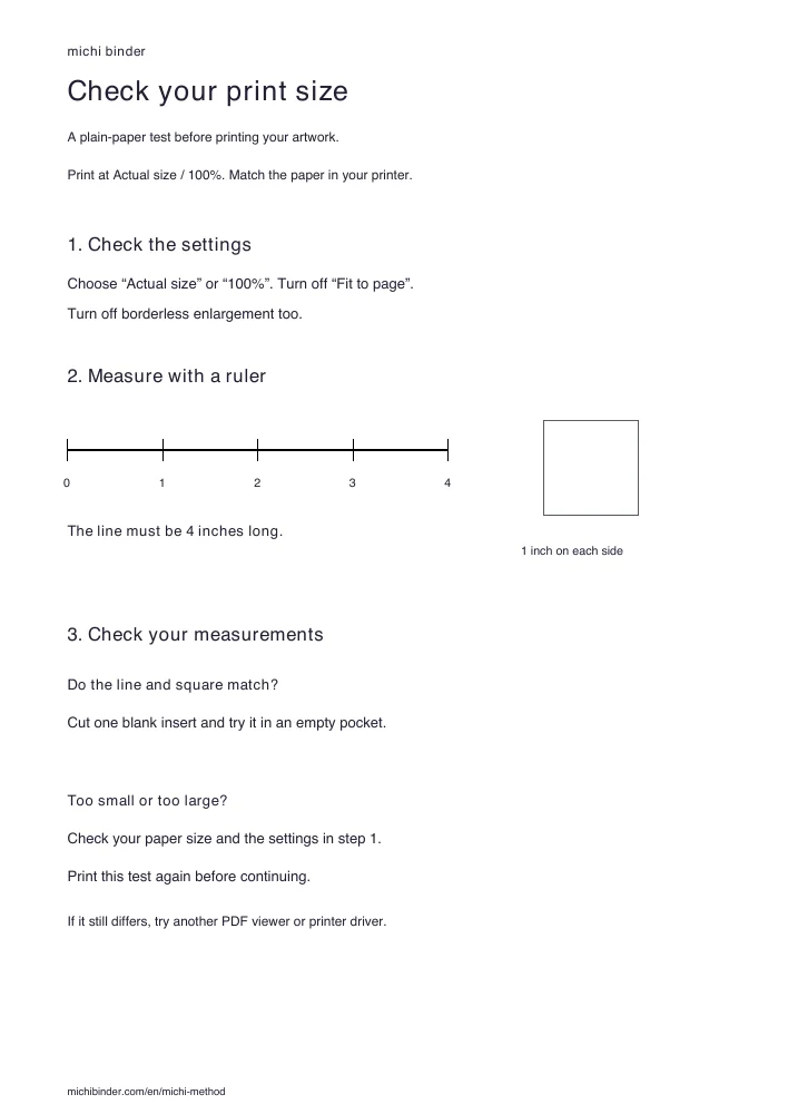 Print test sheet with a 4-inch line and a one-inch square